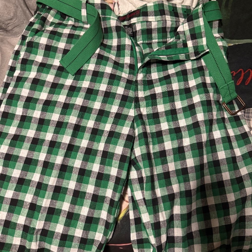 Green black and white checkered shorts